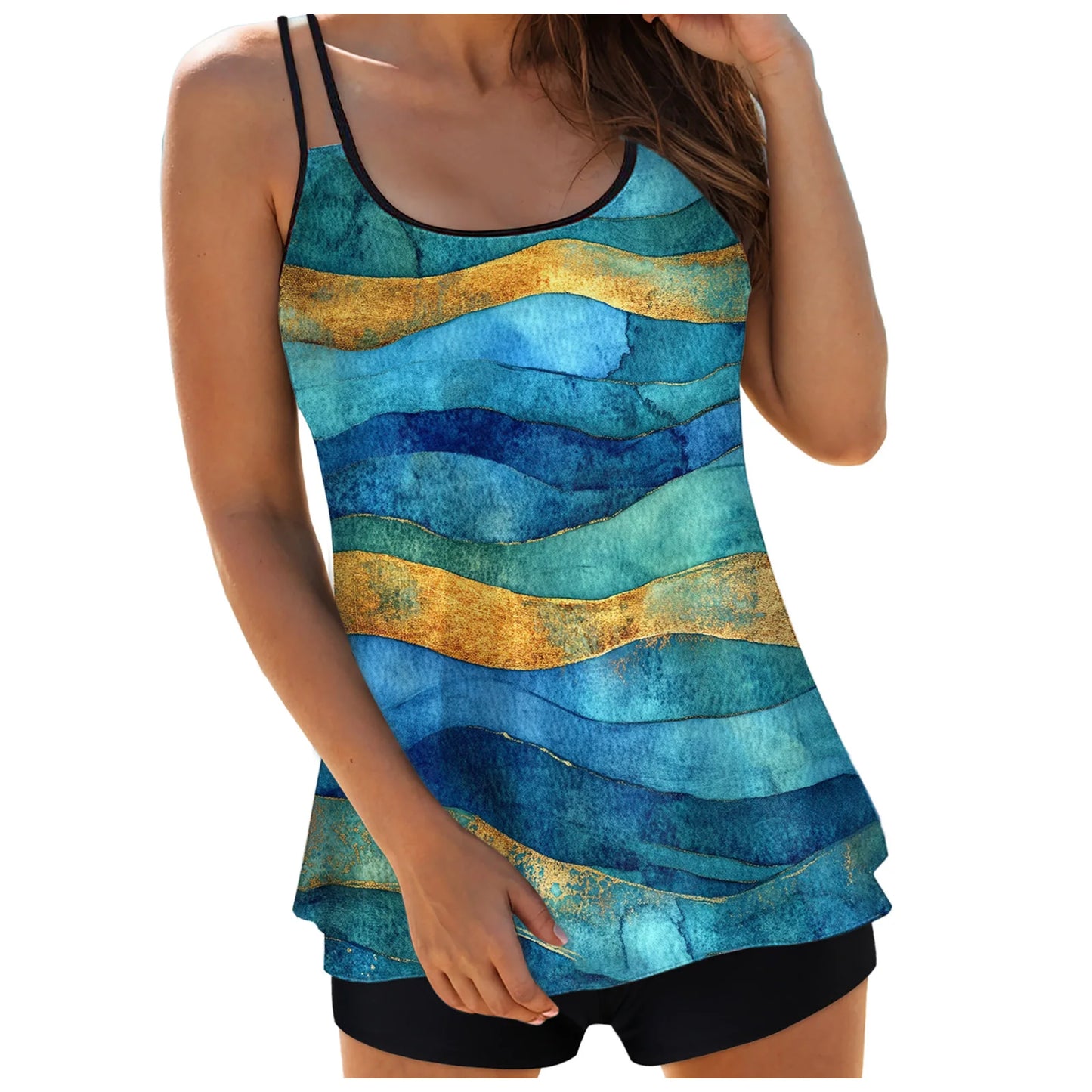 Women's Abstract Print Tankini Swimsuits Double Stretch Strap Crew Neck Cover Tummy Tops and Solid Shorts Conservative Swimwear