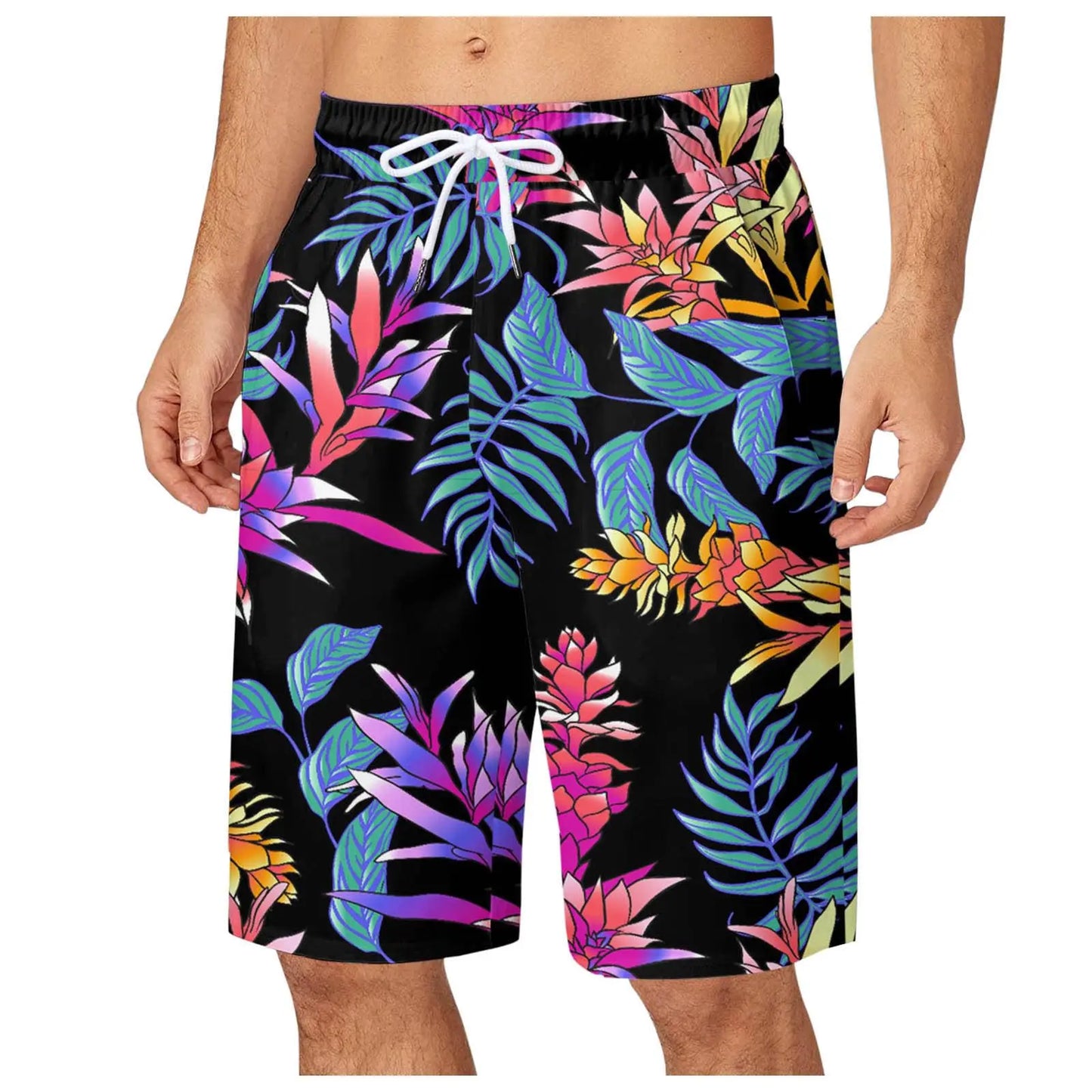 Men's Leaf Printed Sports Shorts Summer Cool Hawaiian 3D Printed Casual Swim Trunks Drawstring Surfboard Shorts