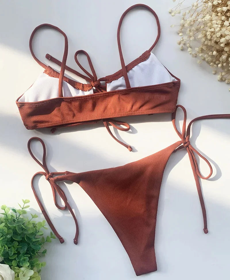 Strappy Lace Up Ribbed Bikini Women Swimwear Female Swimsuit Two-piece Bikini set Hollow Out Bathing Suit Swim