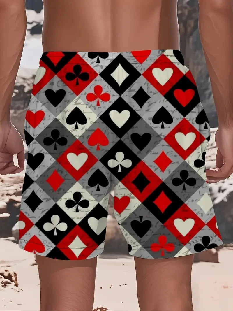 3D Poker Printed Men's Swim Shorts Trunks Poker Card Pattern Beach Board Shorts Running Sports Surfing Swimwear Clothes Man