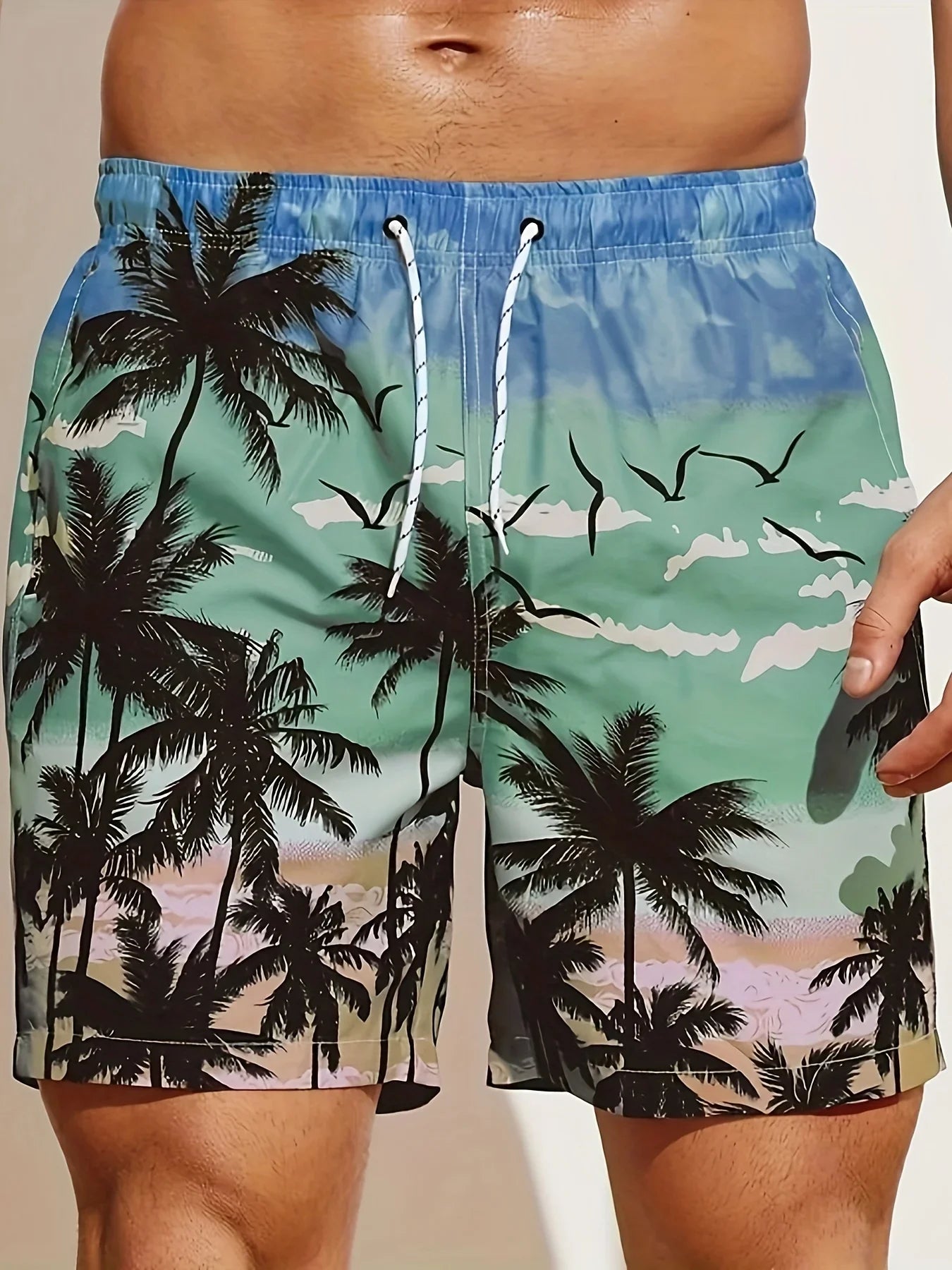 Men's Loose Beach Shorts Drawstring Quick Dry Coconut Tree Shorts For Summer Women Men 3D Print Casual Oversized Sport Shorts