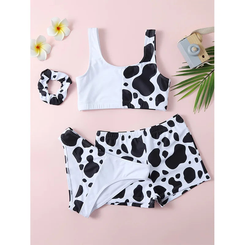 Girls 3 piece Cow Print Bikini with Cover Shorts Swimsuit Kids 7-12 Years Children's Swimwear Colorblock Bathing Suits Teens