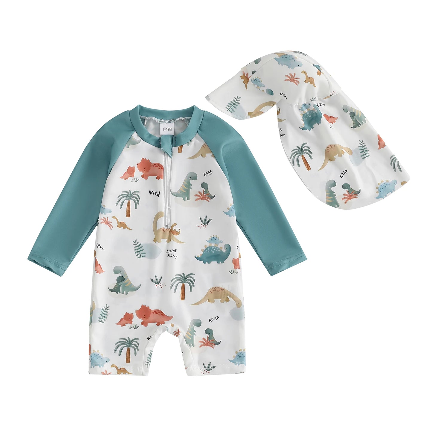 Toddler Boys Rash Guard Swimsuit Cartoon Dinosaur/Shark Print Long Sleeve Zip Up Swimwear Summer Bathing Suit with Cap