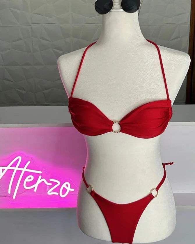 Solid Bathing Suit for Women Halter Ring Linked Tie Side Bikini Sets Two Piece Swimsuit With Ring Bra