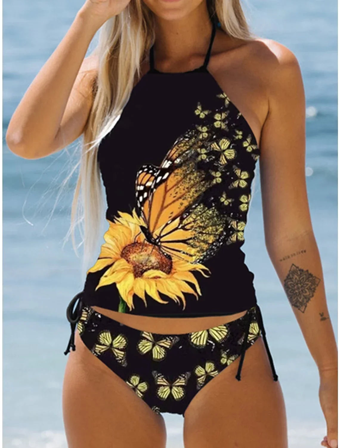 Women's Double Strap Swimsuit Comfortable Vacation Beach Tankini Short Dandelion Print Bikini S-6XL