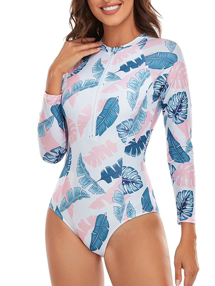 Half Zipper Surfing Swimsuit One Piece Long Sleeve Bathing Suit Women Printed Plus Size Swimwear Women Rashguard Diving XXL