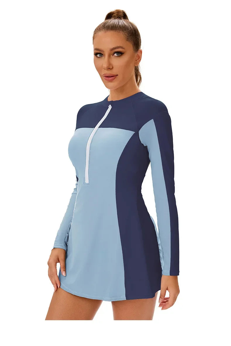 Woman Tankini Color Block Long Sleeve Two-Piece Swimsuit - Modest Skirted Beachwear Swimwear Bathing Suit Women