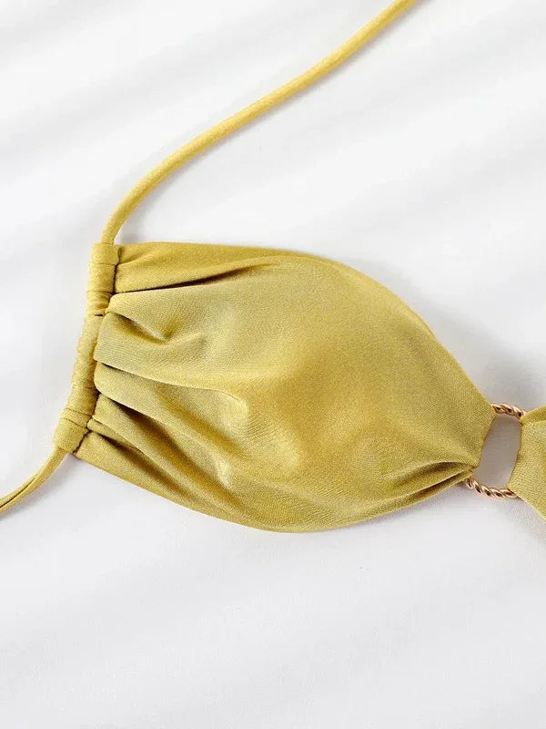 Solid Bathing Suit for Women Halter Ring Linked Tie Side Bikini Sets Two Piece Swimsuit With Ring Bra