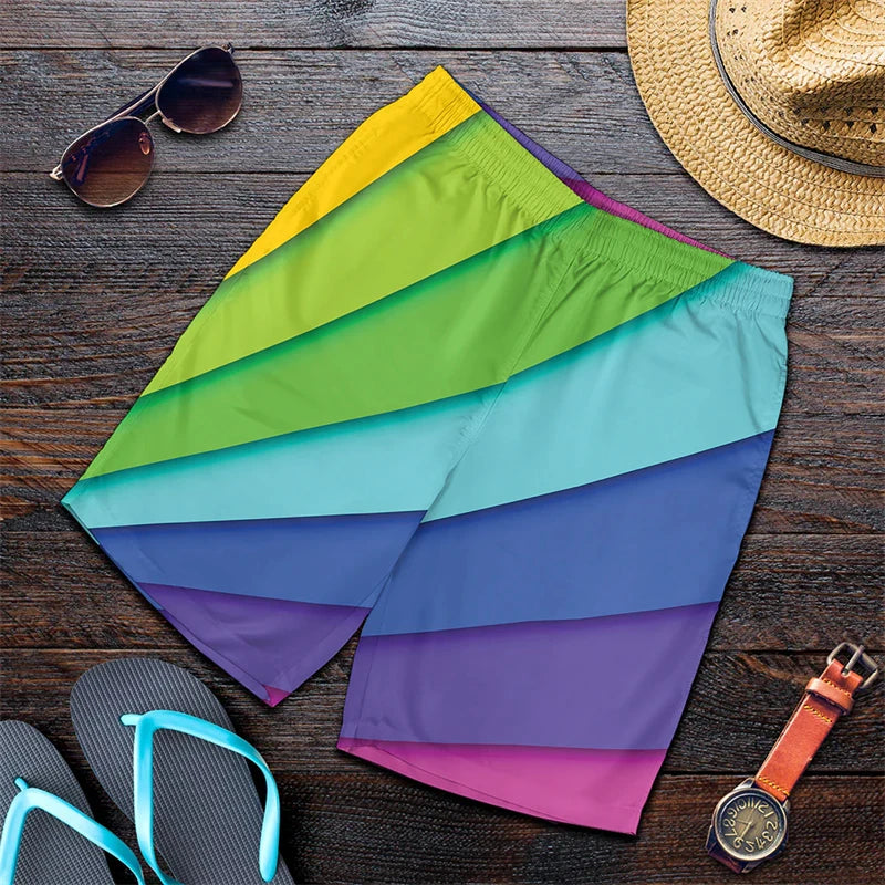Rainbow Stripes & Marble Swirls Harajuku Short Pants Men 3D Printed Hawaii Swimsuit Trunks Summer Swimming Beach Shorts Breath Sport Gym Ice Shorts