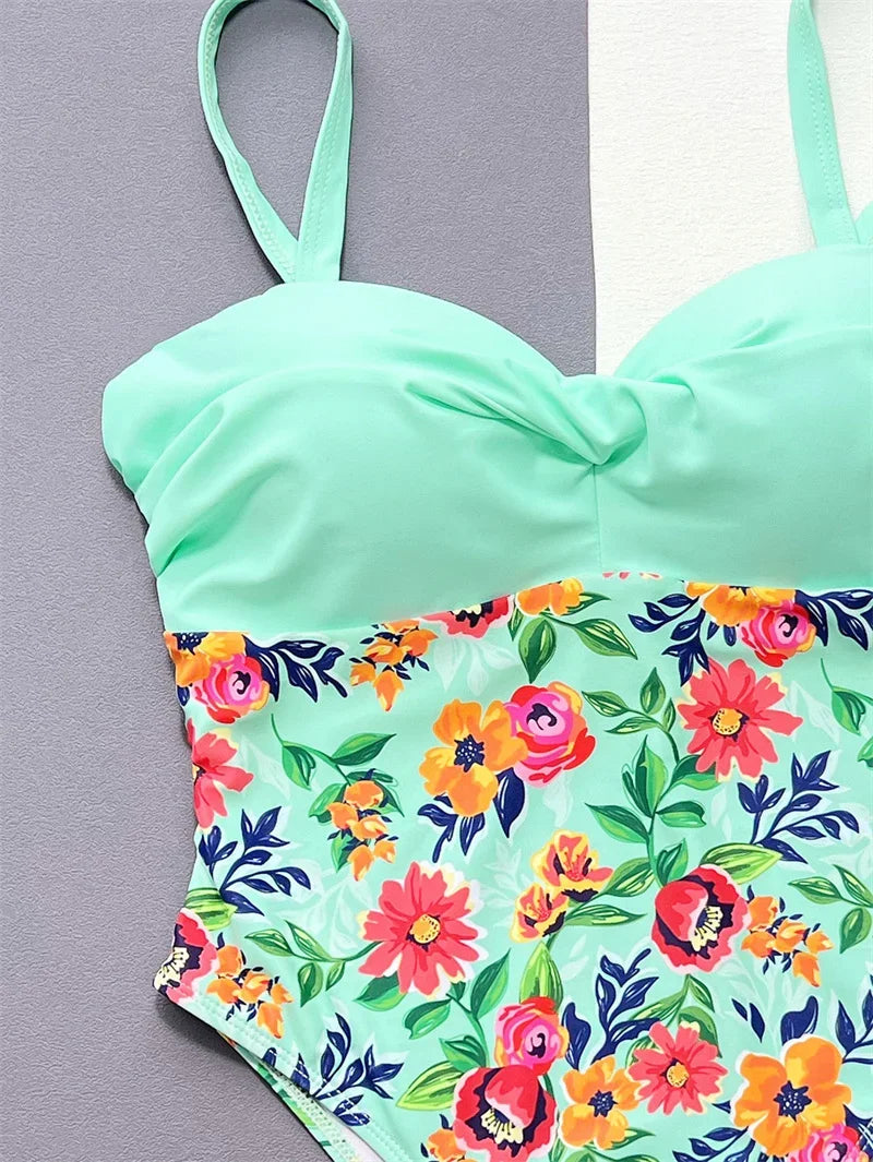 Para Praia Floral One Piece Swimsuit Swimwear for Women Flower Print Bandeau Bathing Suit High Waist Monokini