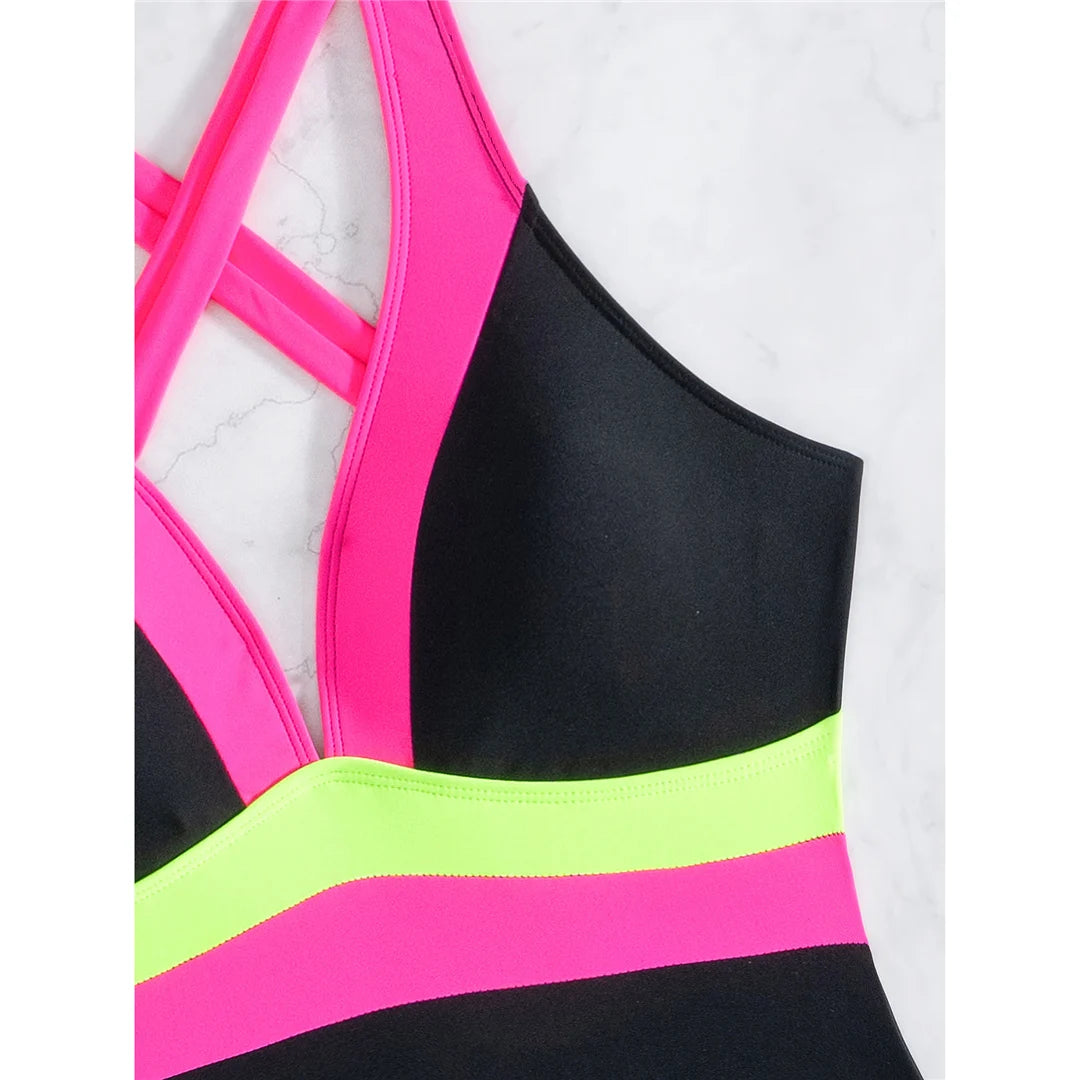 S - XL Splicing V Neck Cross Back Women Swimwear One Piece Swimsuit Female High Cut Leg Padded Bather Bathing Suit Swim