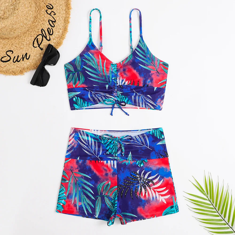 High Waist Bikini Swimsuit Women Floral Print Swim Suits Drawstring Front Shorts Boxers Swimwear Trunks Pool Bathing Suit