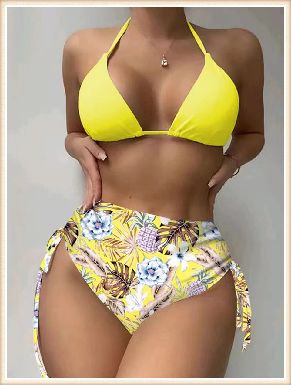 Lace Up Bikinis & Cover Up Long Sleeve Swimwear Women 3-Piece Print Swimsuit Summer Beach Bathing Suit Female Swimming Wear