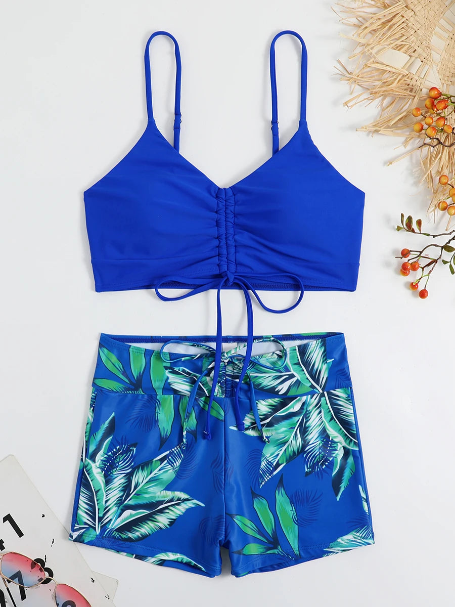 Drawstring Front Shorts Bikinis High Waist Swimsuit Women Swimwear Female Bathers Bathing Swimming Swim Suit Beachwear