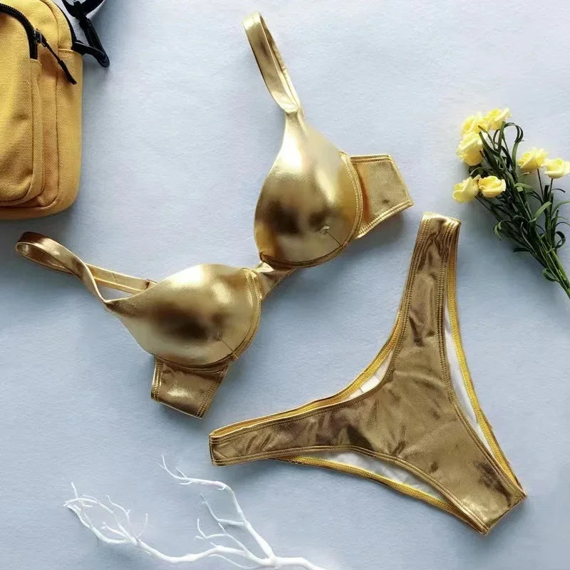 metallic push up micro bikinis sets padded bra bathing suit beach wear women sexy thong bikini reflective shinny swimsuits