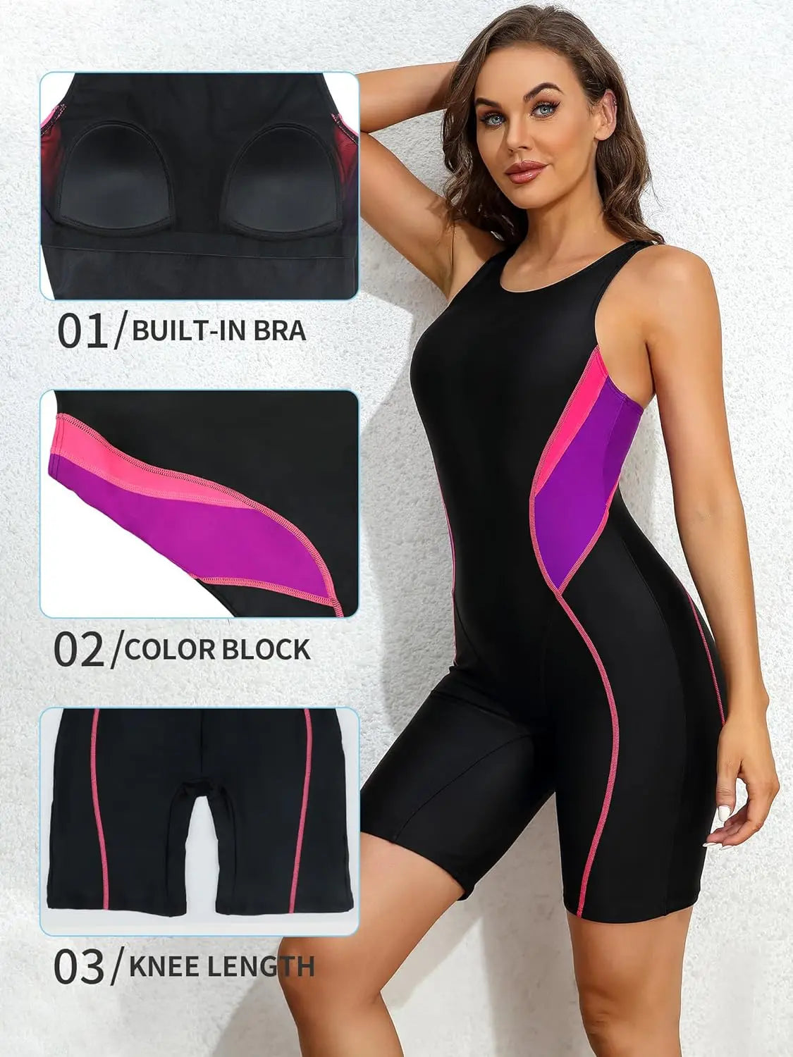 Attraco Women Sports One-Piece Swimsuit Color Block Professional Training Racerback Boyleg Swimwear