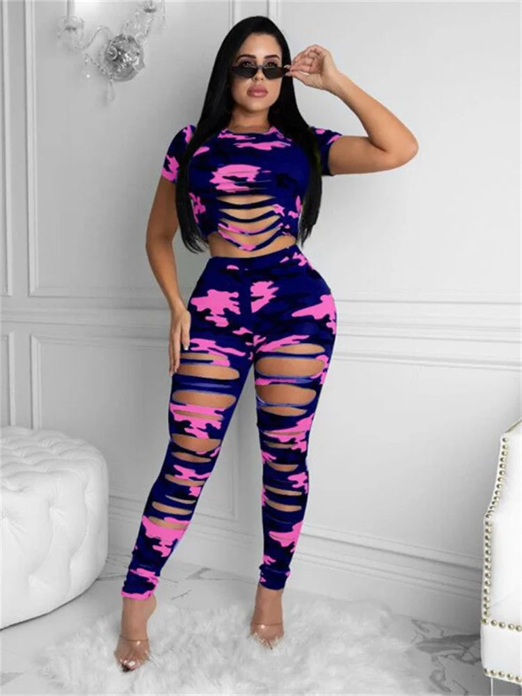 Wmstar Women Two Piece Set Summer Sport Fashion Casual Ripped Sweatshirt Sweat Camouflage Print Pant Sets Outfit Tracksuit
