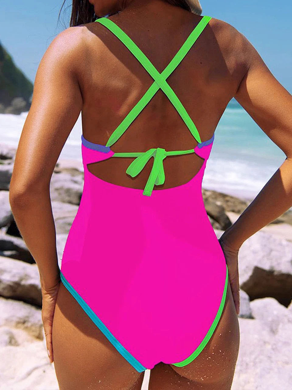 Solid Strappy Backless One Piece Cross Back Swimsuit Women Slim Swimwear Female Bathers Bathing Swimming Suit Beachwear
