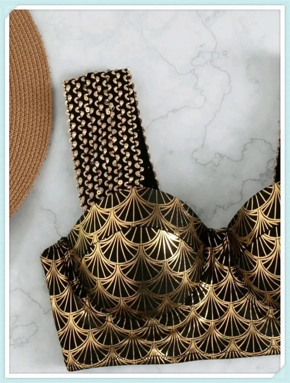 Metallic Stitch Strap Bikini Women Push Up Gold print Swimsuit Female High Waist Swimwear Bathers Bathing Suit Beachwear