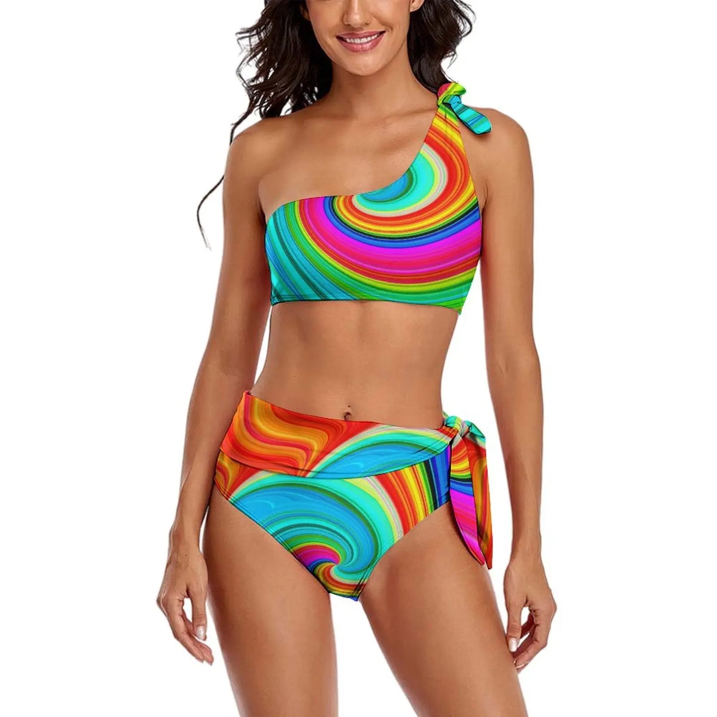 Retro Rainbow Bikinis Set Psychedelic Swirls Bikini Swimsuit High Waist Stylish Swimwear Beach 2 Pieces Feminine Bikinis