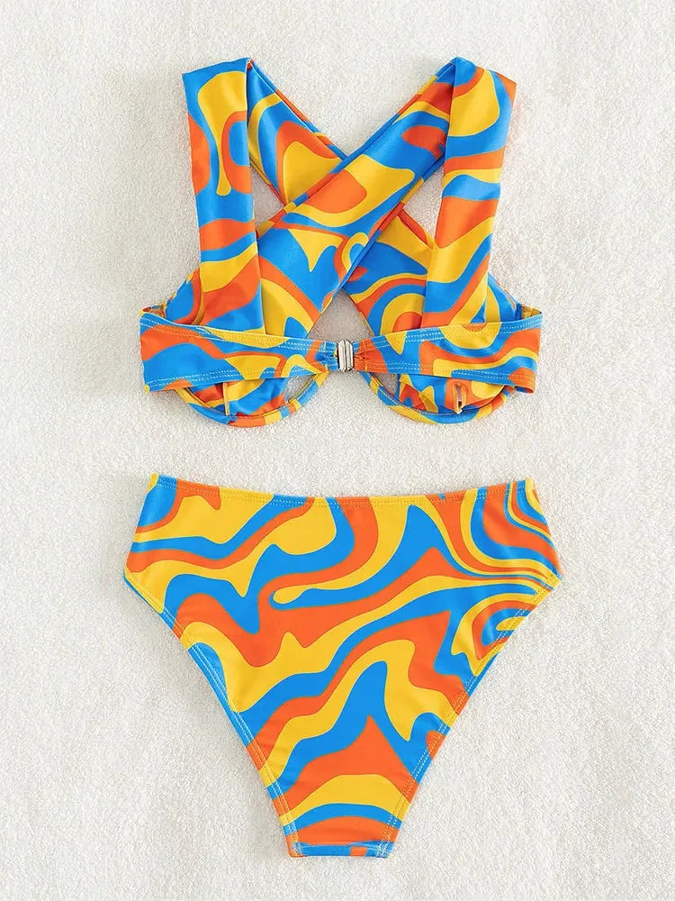 Underwire Bikini Set Women Orange Wave Designer Halter Cross High Waist Swimsuit Summer Bathing Suit 2 Piece Swimwear