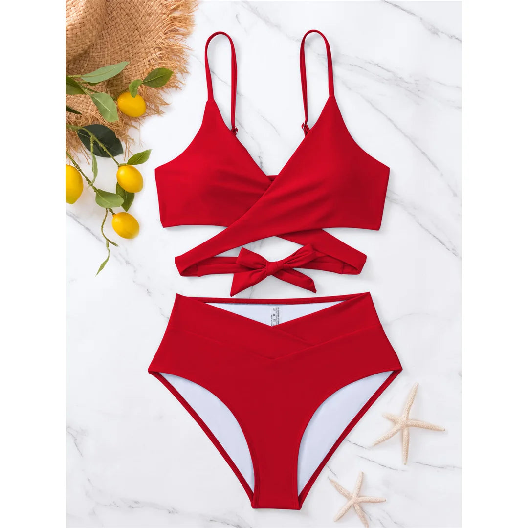 S - XL 7 Colors V Neck High Waist Bikini Female Swimsuit Women Swimwear Two-pieces Bikini set Bather Bathing Suit Swim