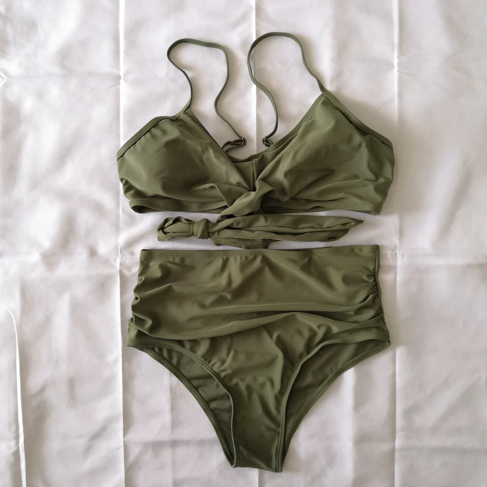 Bikini Two Piece Suit Cross Front Slim High Waisted Bottom Solid/Print Breathable Quick Drying Beachwear