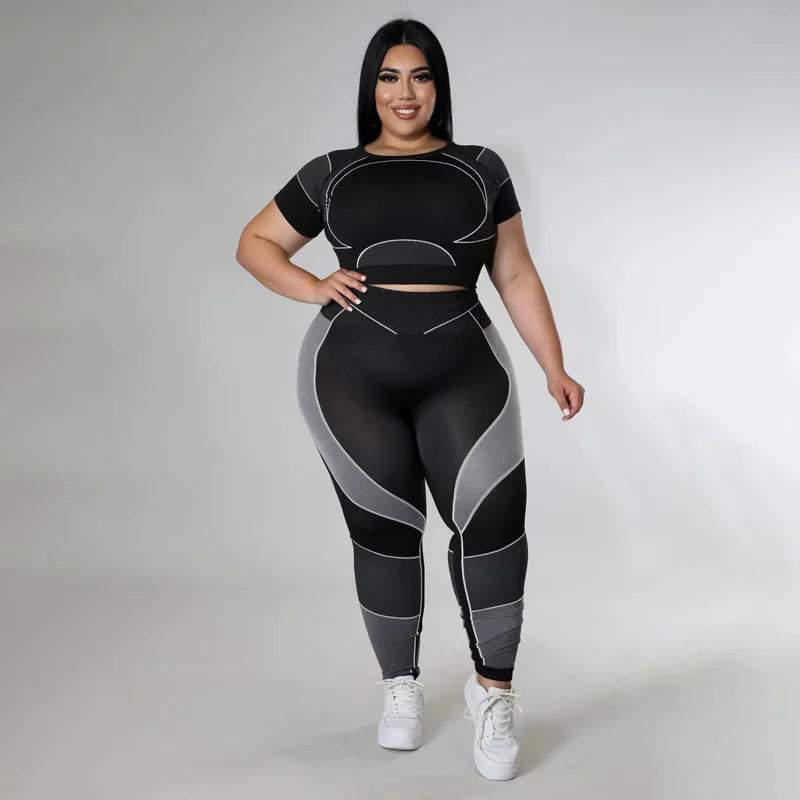 Plus Size Sets Women's Clothes Tracksuit Short Top and Pant Two Piece Sets Gym Joggers Sports Outfits High Elastic Yoga Set