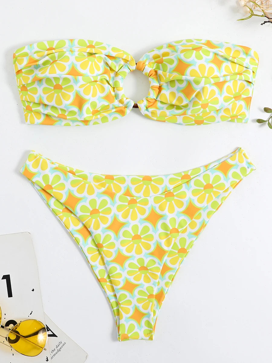 Floral Bikinis Bandeau Swimsuit for Woman Female Swimwear Women Thong Bikini Set Summer Swim Beach Wear Bathing Suits