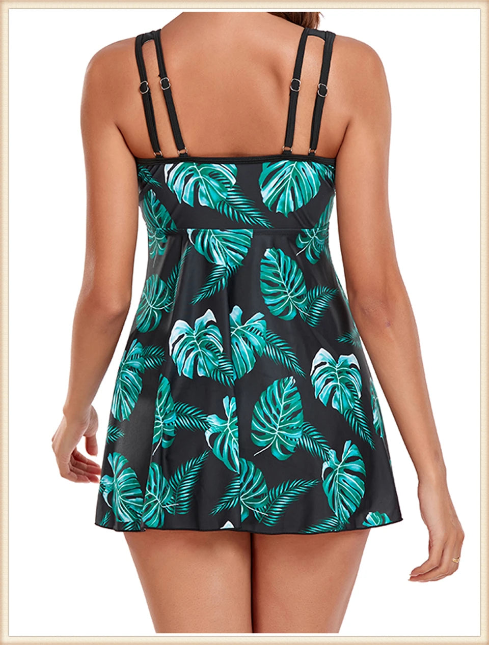 Leaf Print Long Top Tankini Set Two Piece Swimsuit Women Mesh Fabric Swimwear Female Beachwear