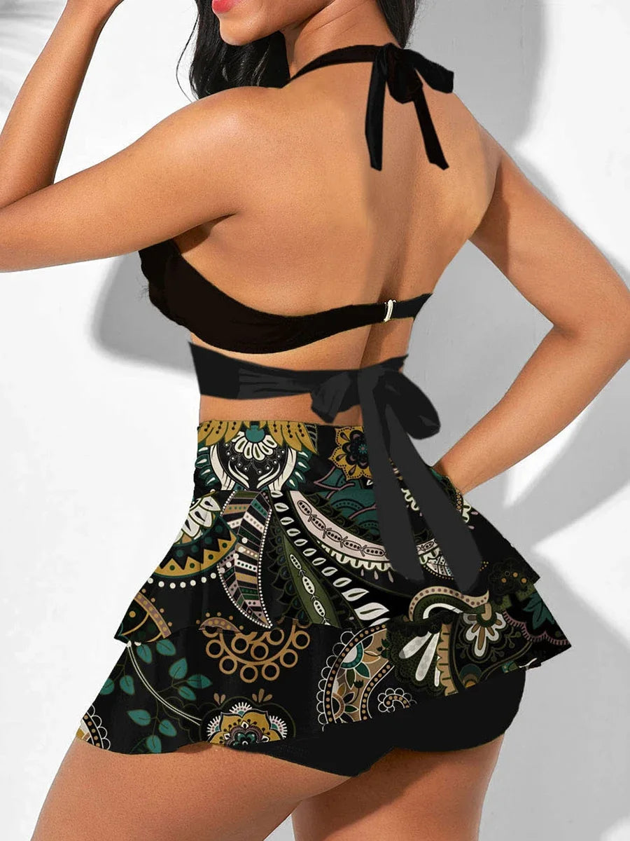 Printed Swimsuit Dress Push Up Bikini Women High Waist Swimwear Female Padded Bather Bathing Suit Swimming Beachwear Summer