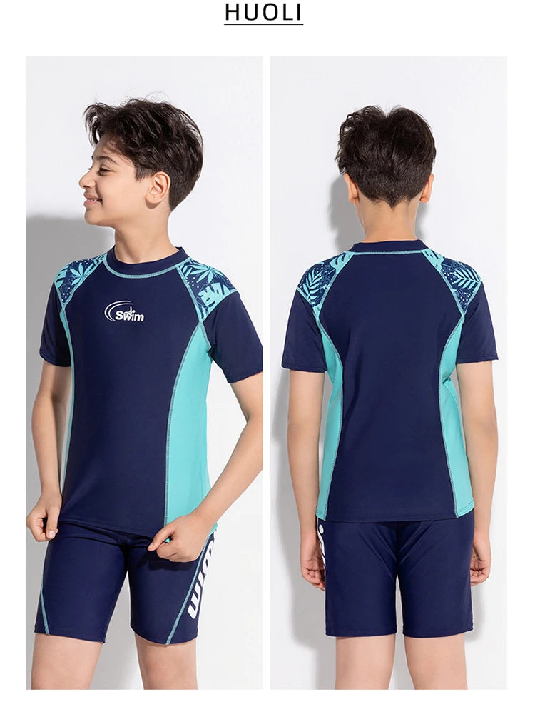 Boy Swimwear Short Shirt Two Piece Short Sleeve Solid Patchwork Teenager Children Kids Swimming Beach Wear 2024 9-16 years