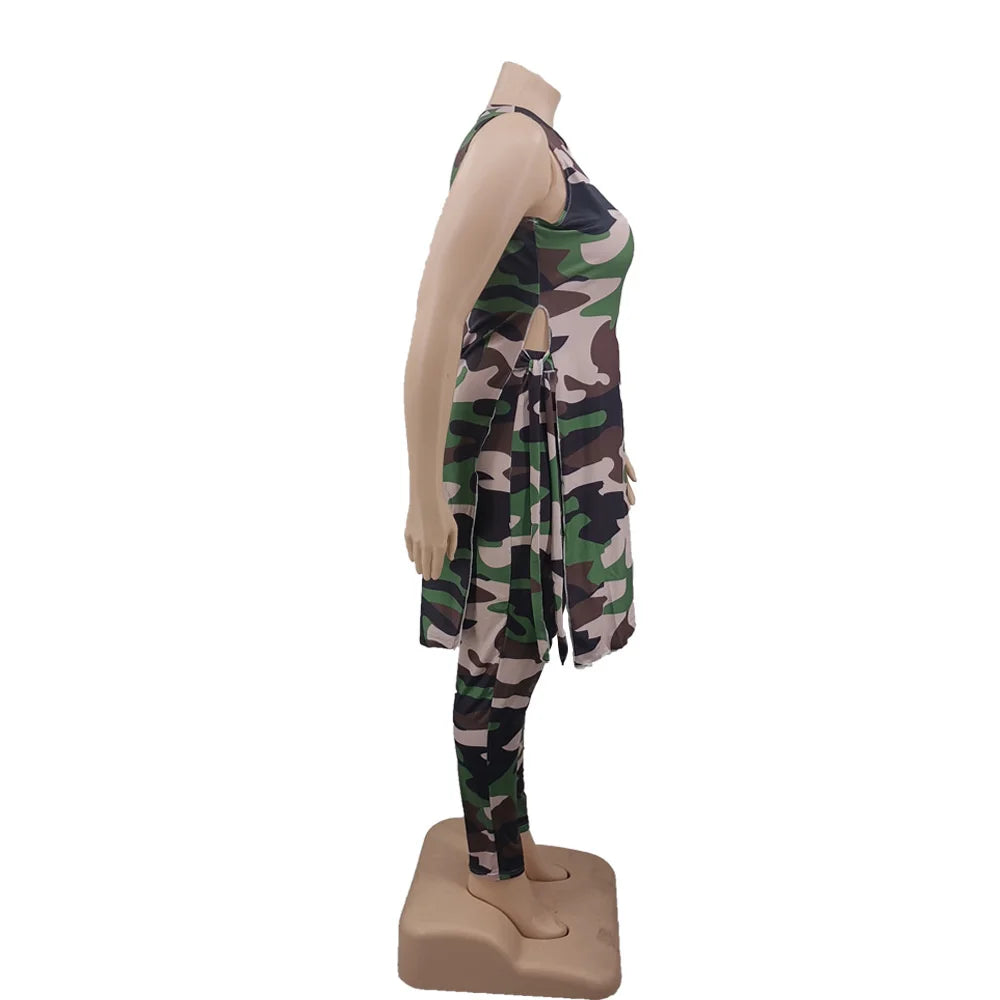 Camouflage Plus Size Women Clothing Two Piece Outfits Sleeveless Round Neck Bandage Crop Tops Pants Sets