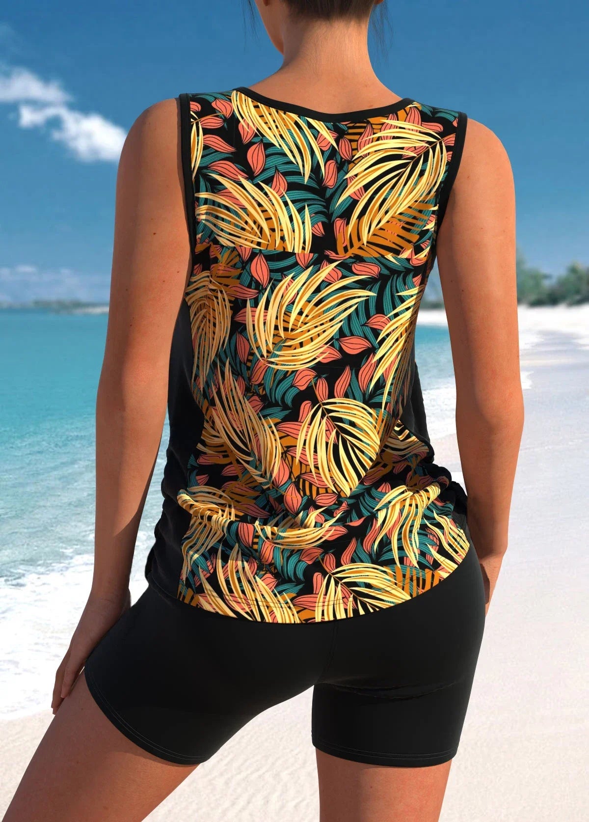 Women's Bright Flower Print Two-piece Tankini Fashionable Beach Swimsuit S-6XL
