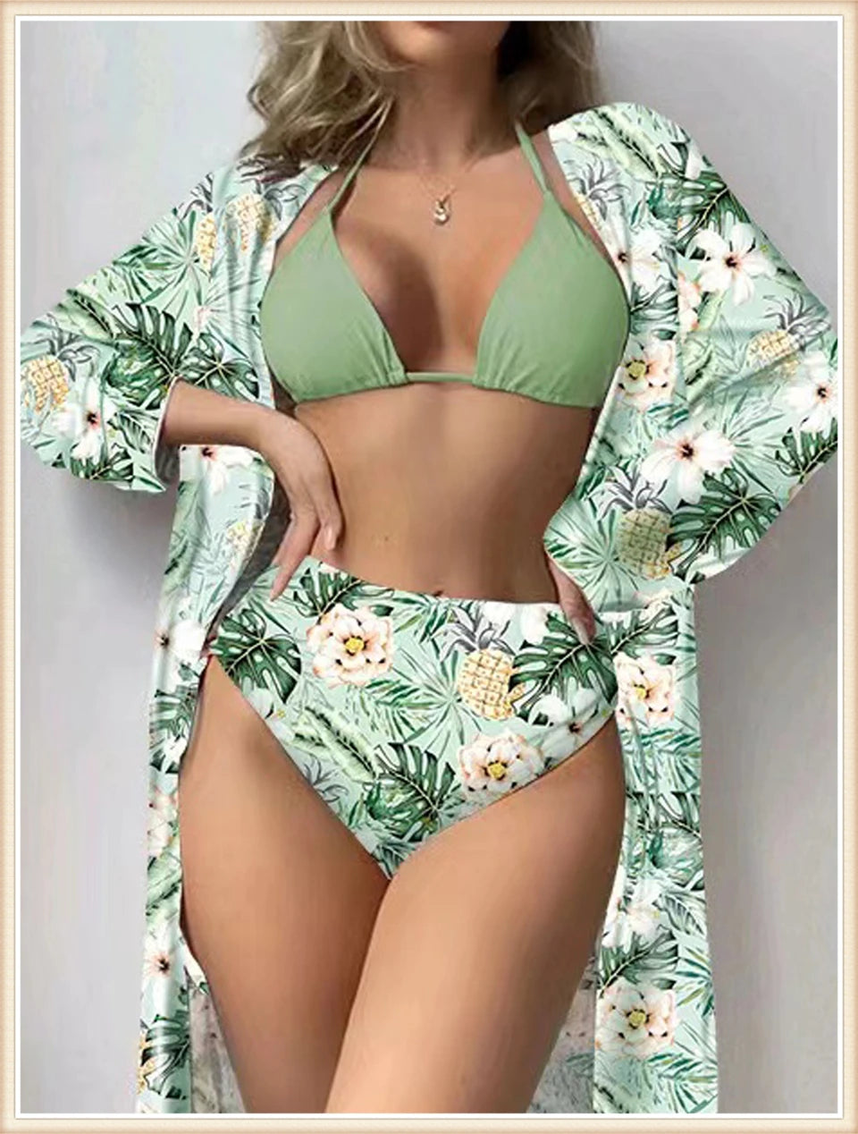 Lace Up Bikinis & Cover Up Long Sleeve Swimwear Women 3-Piece Print Swimsuit Summer Beach Bathing Suit Female Swimming Wear