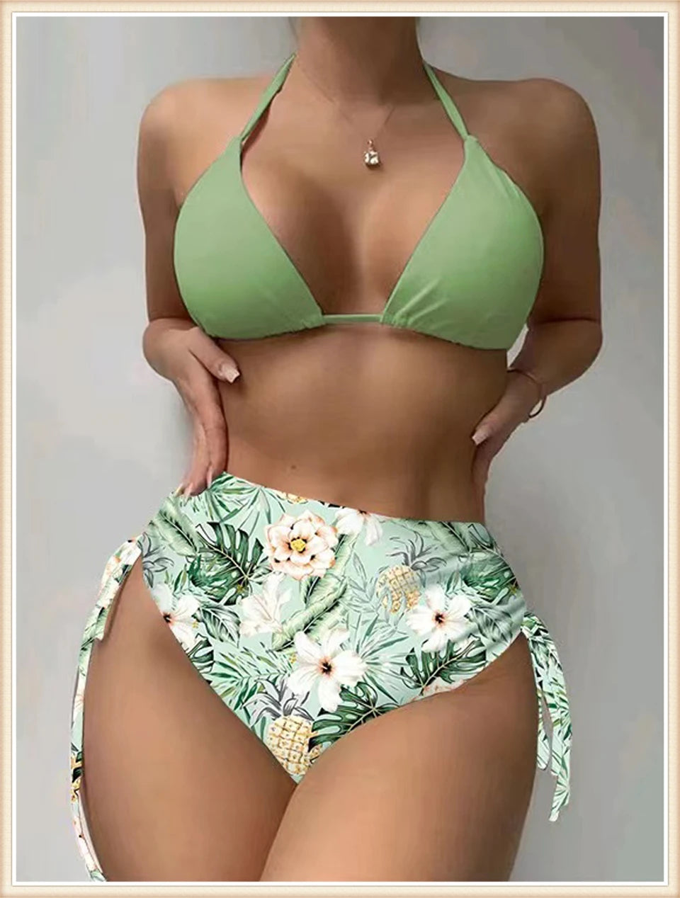 Lace Up Bikinis & Cover Up Long Sleeve Swimwear Women 3-Piece Print Swimsuit Summer Beach Bathing Suit Female Swimming Wear