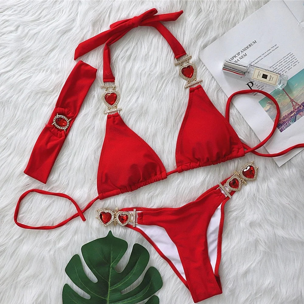 Pink Bikinis Swimsuit With Heart Rhinestones Women Swimwear Female Push Up Bikini Beach Swim Wear Bathing Suits Pool Bather
