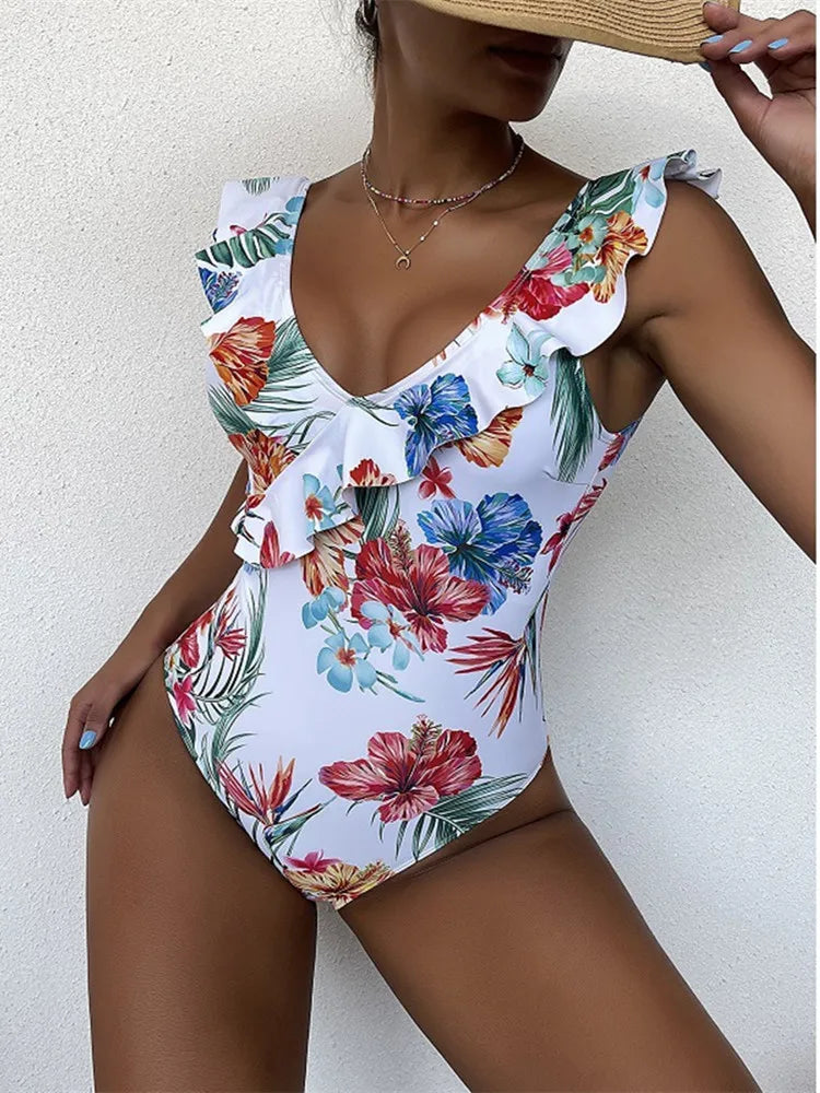 One Piece Swimsuit Women Swimwear Vintage Bathing Suit Shoulder Ruffle Swimming Suit Backless Monokini