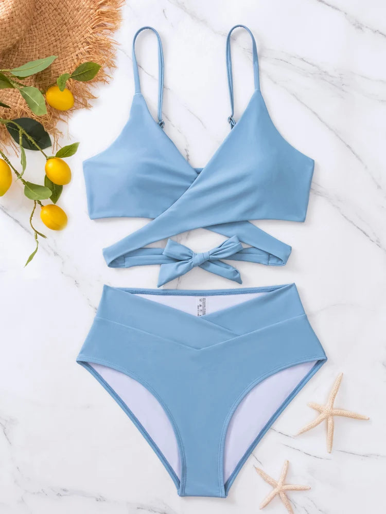 Solid Strapped Bikini Set Push UP Hollow Swimsuit Women Swimwear Biquinis High Waist Backless Bathing Suit