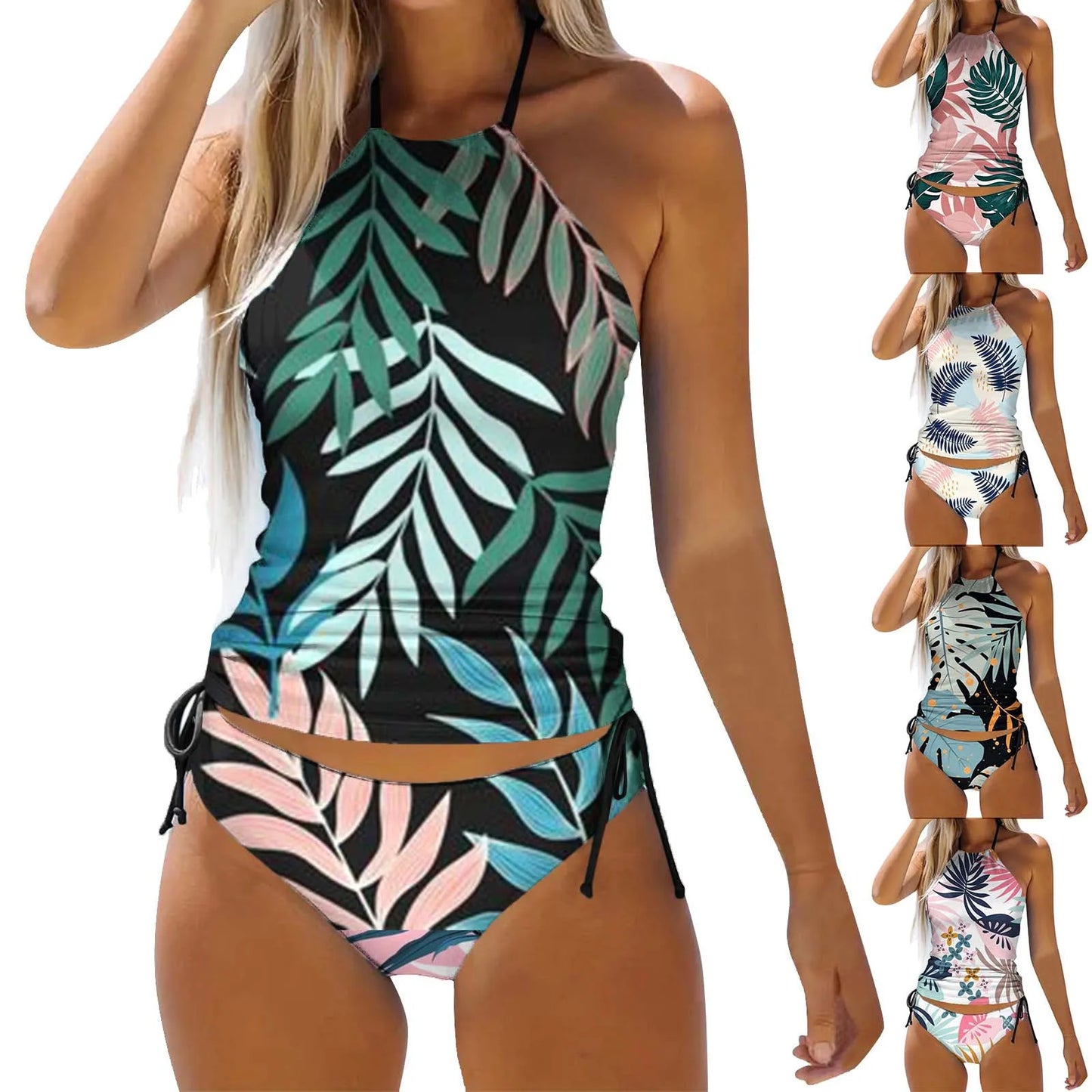 High Neck Bikini Top Teal Women's Two Piece Tropical Floral Print Swimsuit Tankini Swimsuit Women's Board Shorts Swimwear Long