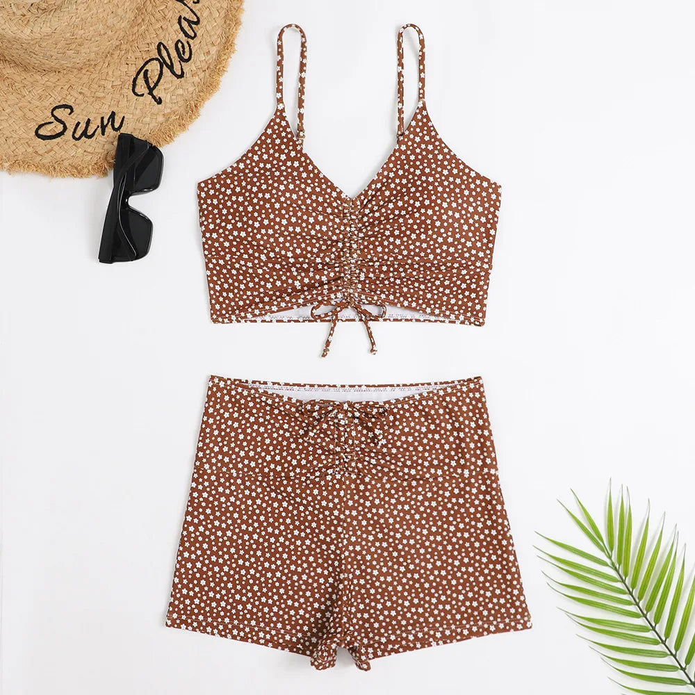High Waist Bikini Swimsuit Women Floral Print Swim Suits Drawstring Front Shorts Boxers Swimwear Trunks Pool Bathing Suit