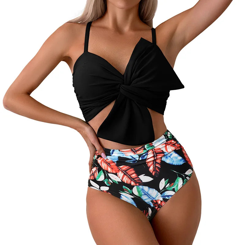 Women Flower Printed Separated Bikini Set Fashion Bow Tie Style High Waist Swimwear Shorts Beach Wear