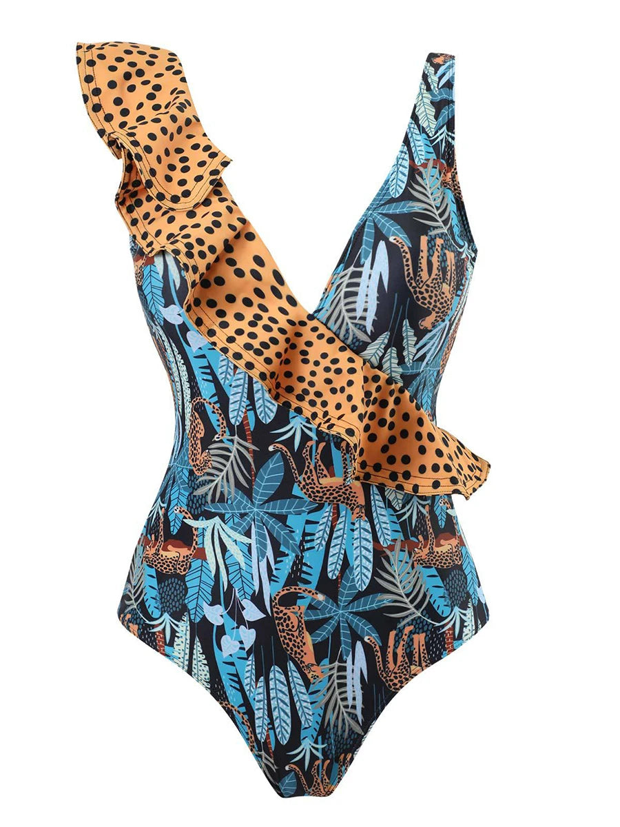 Feather Leaf Cheetah Printed One Piece Swimsuit Ruffle Swimwear Women Padded Bathing Swimming Suit Female Summer Bodysuit