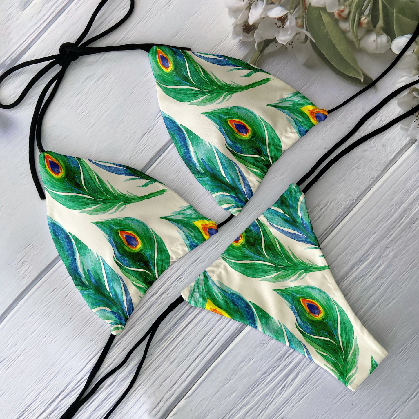 Fashion Ladies Bikini Set 3D Printed Peacock Feather Pattern Split Swimsuit Deep V Lace up Beach Vacation Surfing Swimsuit