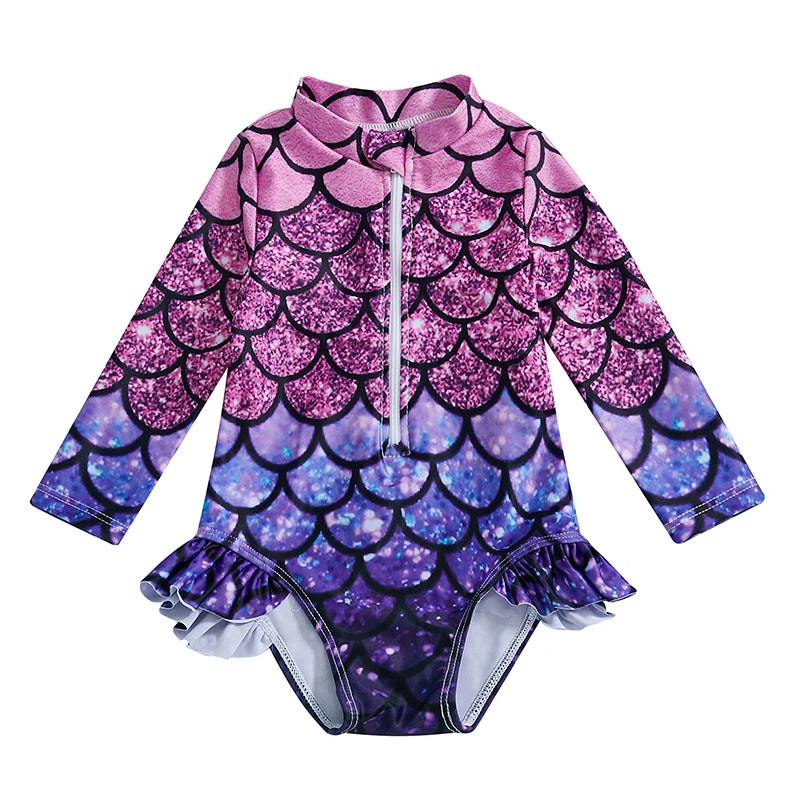 Toddler Girl Rash Guard Swimsuit Fish Scale Print Zipper Long Sleeve Mock Neck Ruffled Bathing Suit