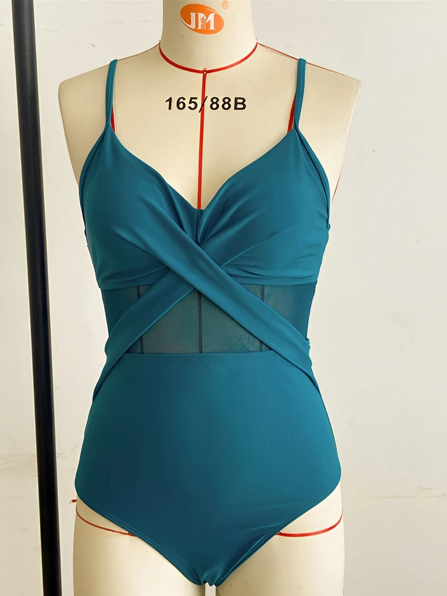 Vintage Strappy Swimsuit Women One Piece Solid Mesh Swimwear Female Bathers Bathing Swimming Swim Suit Beachwear XXL