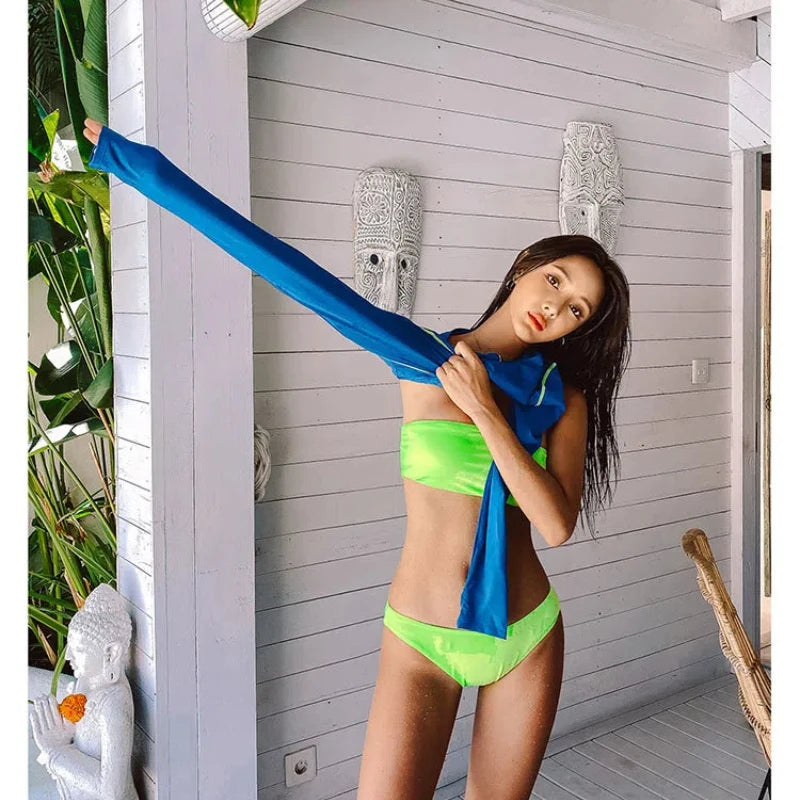 Blue Long Sleeve Top Zipper Bikinis Korean Beach Wear 3 Pack Swimsuit Women Swimwear Neon Bathing Suits Pool Bather