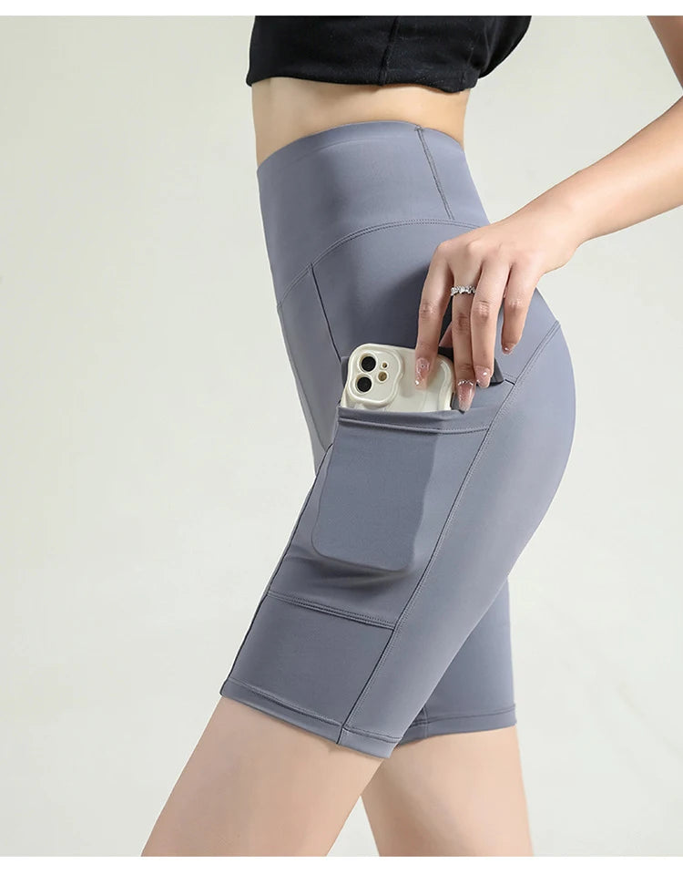 BIVIGAOS Summer New Cargo Pocket Shark Shorts Women's Sport Fitness Cycling Shorts High Waist Running Tight Biker Short Leggings