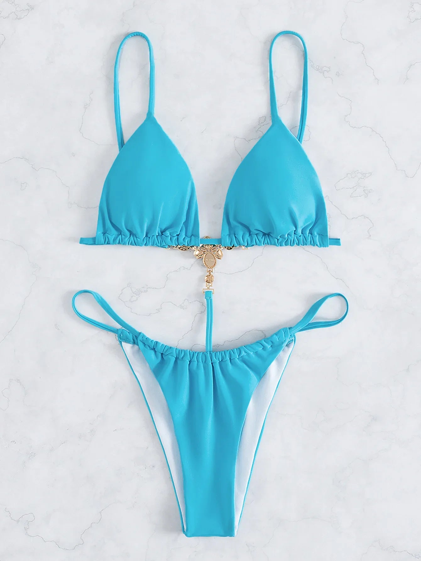 One Piece Swimwear Swimsuit Women Triangle Backless Crystal Decor Thong Sky Blue Bikinis Set Bathing Suit Beach Bikini