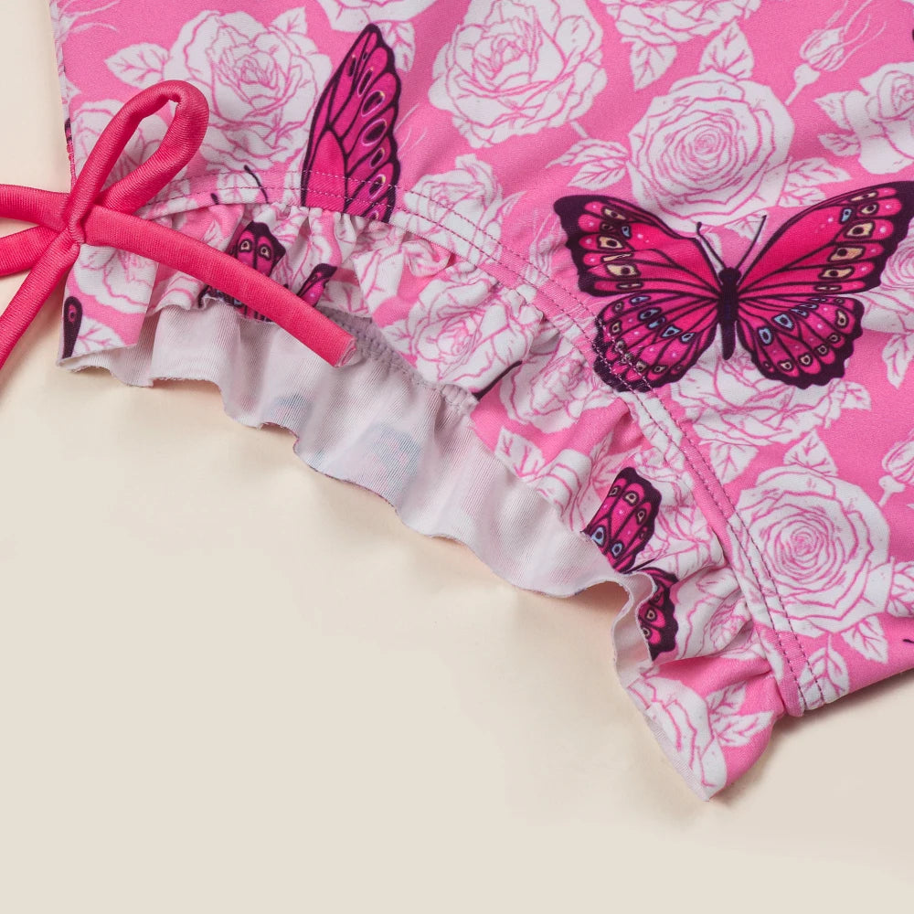 Long Sleeve Bathing Suits for Girls One-Piece Swimsuit Butterfly Print Zipper Ruffled Swimwear Swim Shirts for Surfing